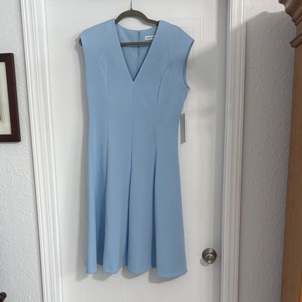 Calvin Klein Light Blue V-Neck Cap Sleeve Midi Dress